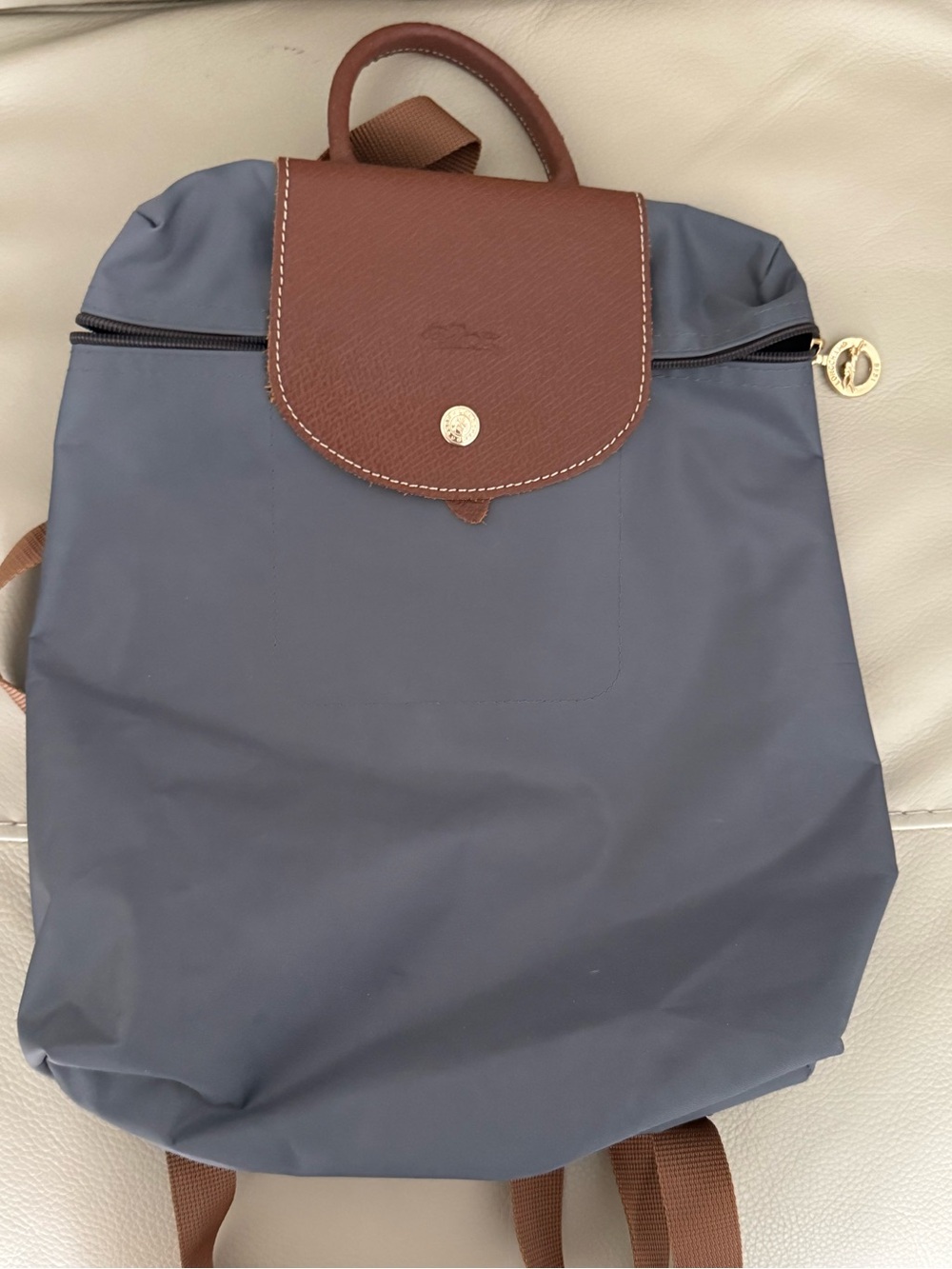 Longchamp Navy Nylon Backpack with Brown Leather Flap